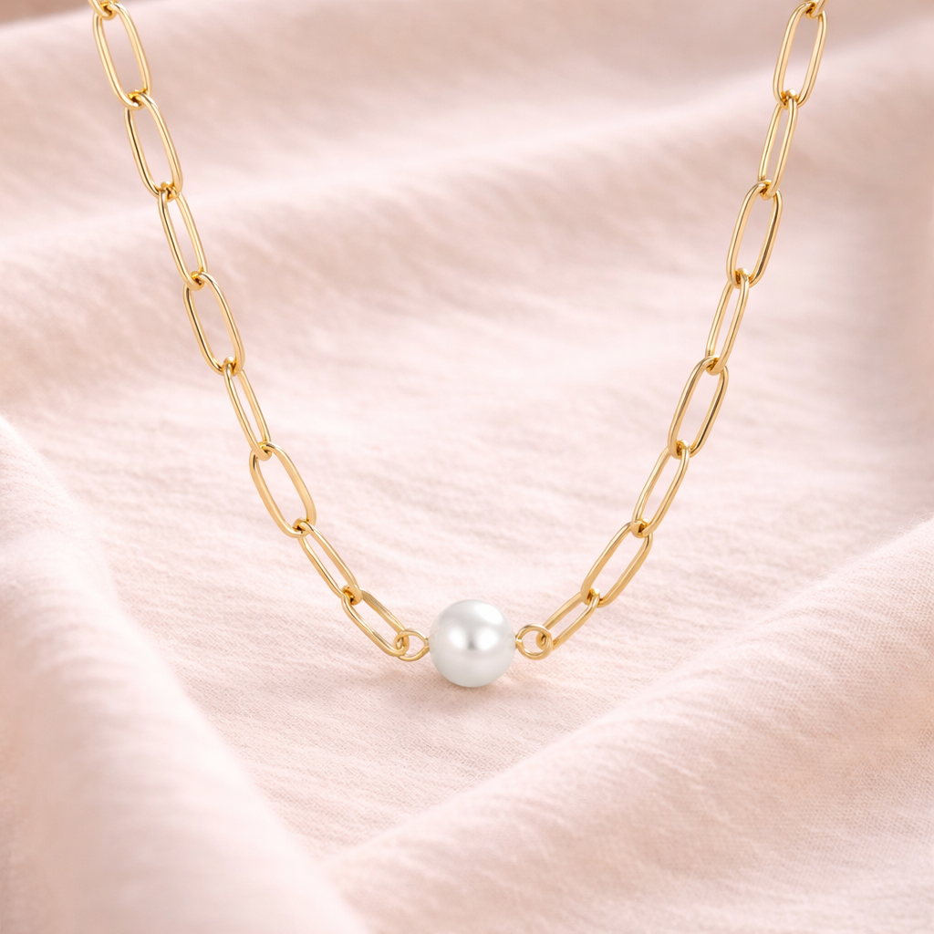 18K Gold Paperclip Pearl Necklace